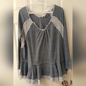 Umgee USA Denim‑Inspired Knit Top with Polka Dot Contrast – Size Large